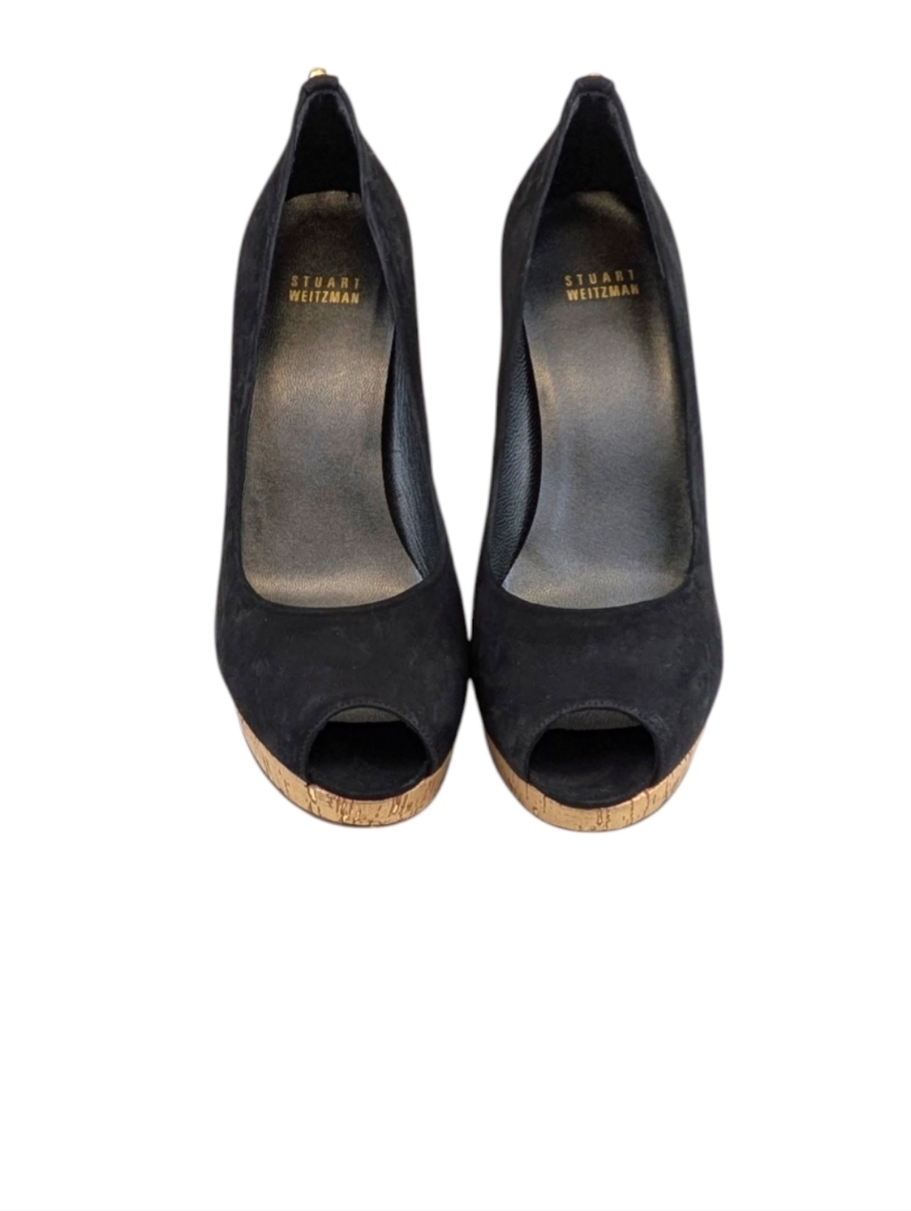 Stuart Weitzman Suede Black Peep Toe Cork Platform Heels Size 9.5 M S4036 - Picture 8 of 12